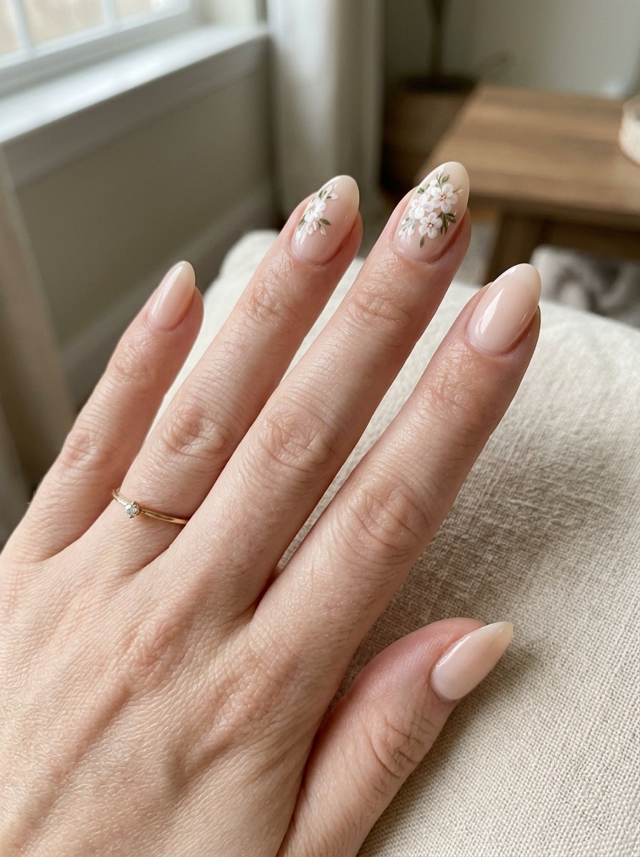 Short Almond Nails mit Tiny Floral Accent als Kurze Almond Nails Inspiration 2026